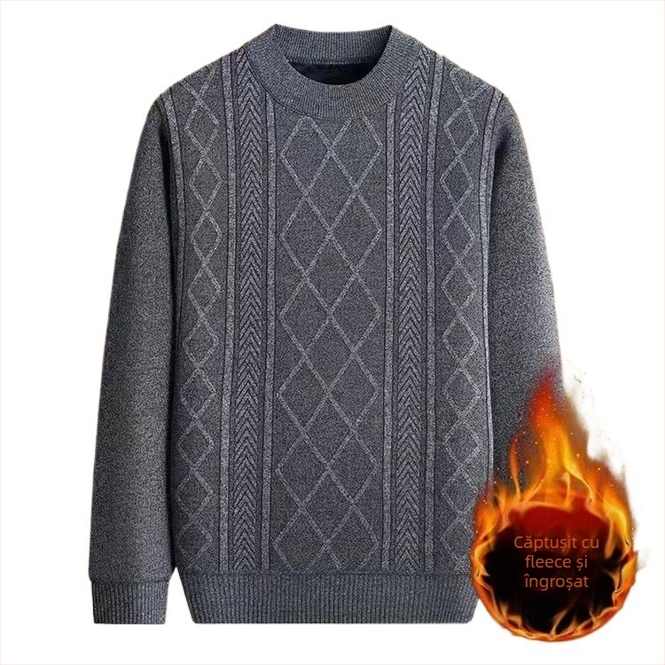 Pulover tricotat pentru bărbați, toamnă-iarnă, gros, cald, guler rotund, mărime mare, jacquard, căptușit cu fleece