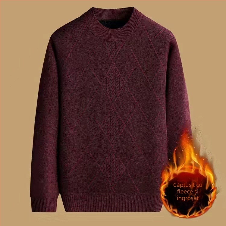 Pulover tricotat pentru bărbați, toamnă-iarnă, gros, cald, guler rotund, mărime mare, jacquard, căptușit cu fleece