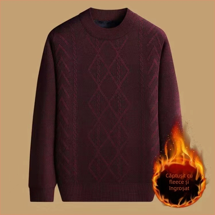 Pulover tricotat pentru bărbați, toamnă-iarnă, gros, cald, guler rotund, mărime mare, jacquard, căptușit cu fleece