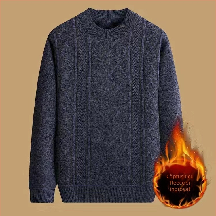 Pulover tricotat pentru bărbați, toamnă-iarnă, gros, cald, guler rotund, mărime mare, jacquard, căptușit cu fleece