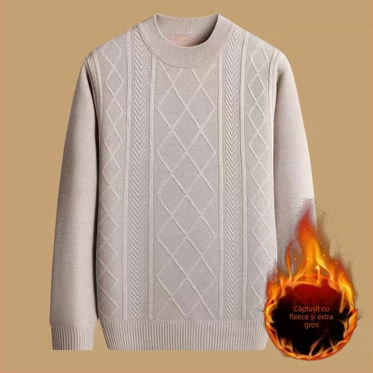 Pulover tricotat pentru bărbați, toamnă-iarnă, gros, cald, guler rotund, mărime mare, jacquard, căptușit cu fleece