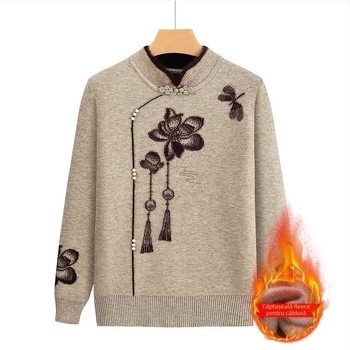 Pulover tricotat cu fleece pentru femei în vârstă, mâneci lungi, guler semi-deschis; material acrilic, până la 30% triacetat; stil japonez-coreean lejer