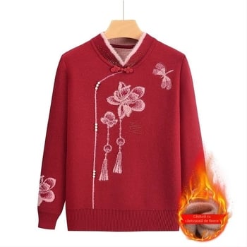 Pulover tricotat cu fleece pentru femei în vârstă, mâneci lungi, guler semi-deschis; material acrilic, până la 30% triacetat; stil japonez-coreean lejer