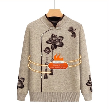 Pulover tricotat cu fleece pentru femei în vârstă, mâneci lungi, guler semi-deschis; material acrilic, până la 30% triacetat; stil japonez-coreean lejer