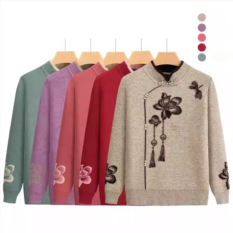 Pulover tricotat cu fleece pentru femei în vârstă, mâneci lungi, guler semi-deschis; material acrilic, până la 30% triacetat; stil japonez-coreean lejer