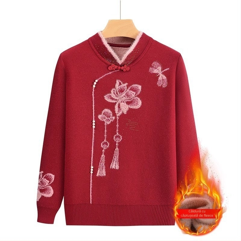 Pulover tricotat cu fleece pentru femei în vârstă, mâneci lungi, guler semi-deschis; material acrilic, până la 30% triacetat; stil japonez-coreean lejer