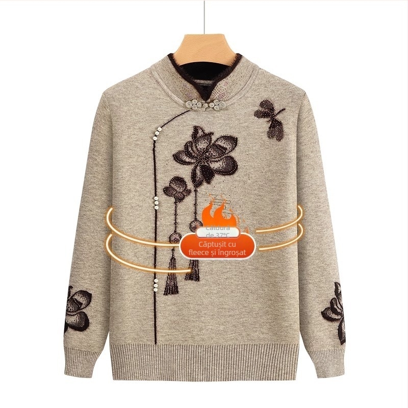 Pulover tricotat cu fleece pentru femei în vârstă, mâneci lungi, guler semi-deschis; material acrilic, până la 30% triacetat; stil japonez-coreean lejer