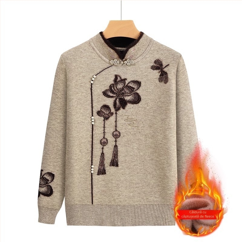 Pulover tricotat cu fleece pentru femei în vârstă, mâneci lungi, guler semi-deschis; material acrilic, până la 30% triacetat; stil japonez-coreean lejer