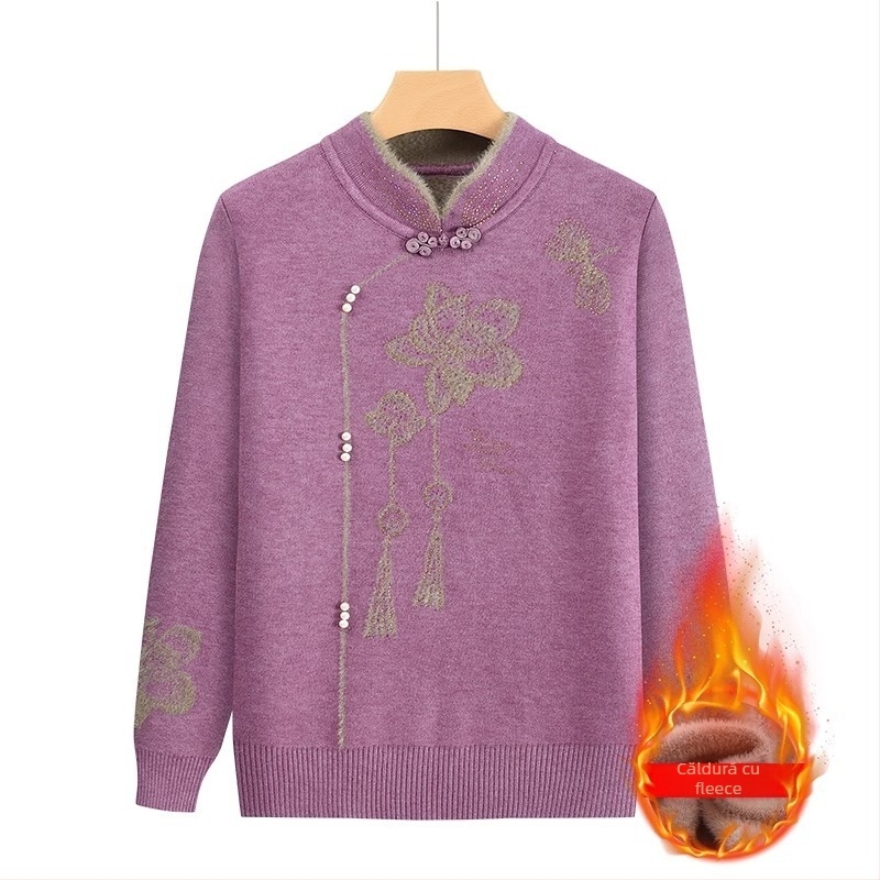 Pulover tricotat cu fleece pentru femei în vârstă, mâneci lungi, guler semi-deschis; material acrilic, până la 30% triacetat; stil japonez-coreean lejer