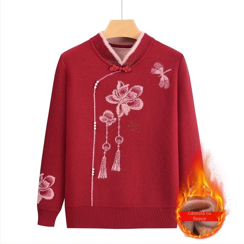 Pulover tricotat cu fleece pentru femei în vârstă, mâneci lungi, guler semi-deschis; material acrilic, până la 30% triacetat; stil japonez-coreean lejer