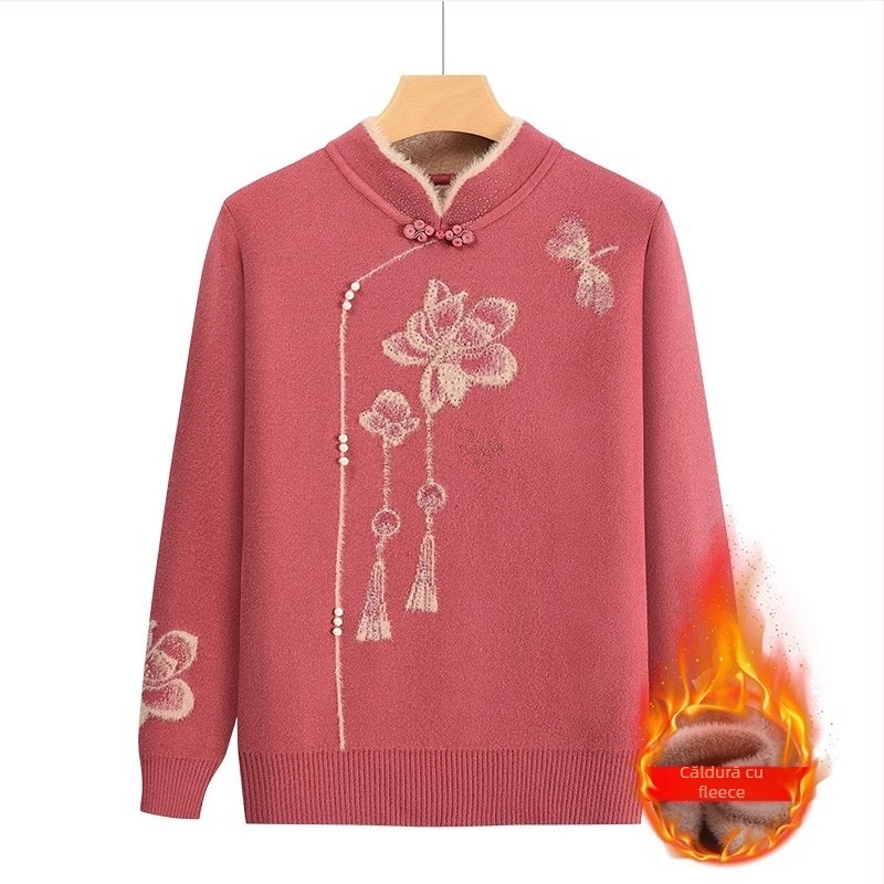 Pulover tricotat cu fleece pentru femei în vârstă, mâneci lungi, guler semi-deschis; material acrilic, până la 30% triacetat; stil japonez-coreean lejer