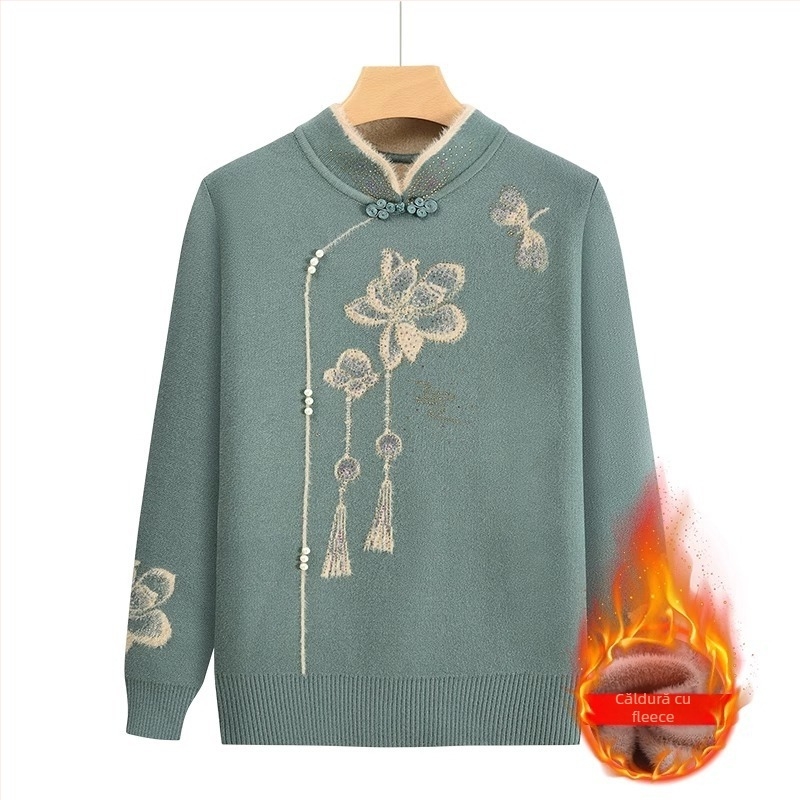Pulover tricotat cu fleece pentru femei în vârstă, mâneci lungi, guler semi-deschis; material acrilic, până la 30% triacetat; stil japonez-coreean lejer