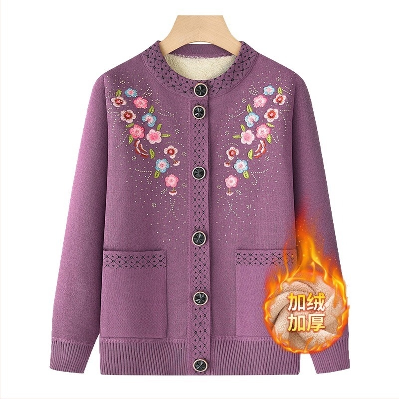 Cardigan tricotat brodat pentru femei de vârstă mijlocie, iarnă cald, mâneci 3/4, guler rotund, lungime obișnuită, fără călcare, poliester elastan