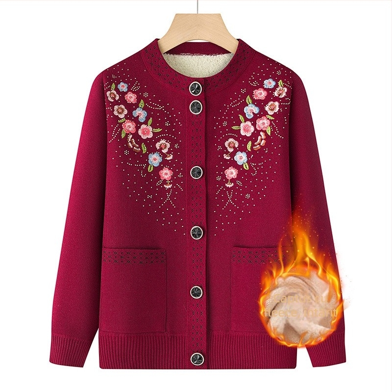 Cardigan tricotat brodat pentru femei de vârstă mijlocie, iarnă cald, mâneci 3/4, guler rotund, lungime obișnuită, fără călcare, poliester elastan