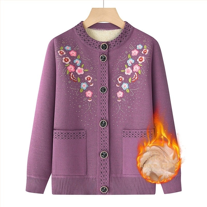 Cardigan tricotat brodat pentru femei de vârstă mijlocie, iarnă cald, mâneci 3/4, guler rotund, lungime obișnuită, fără călcare, poliester elastan