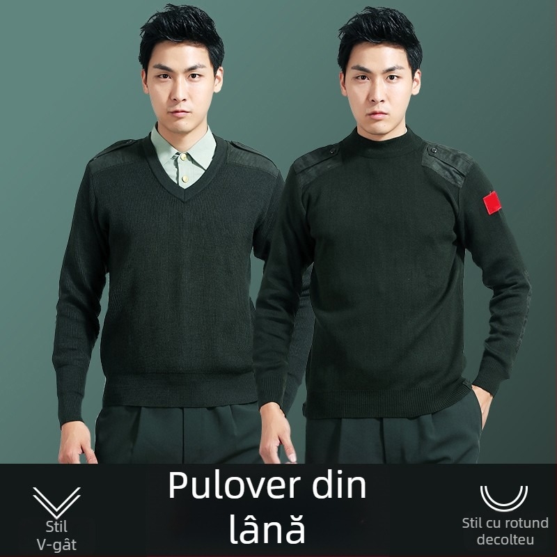 Pulover jacquard tricotat, guler rotund, mâneci lungi, lână fină cu nylon, lungime obișnuită (50–65 cm)