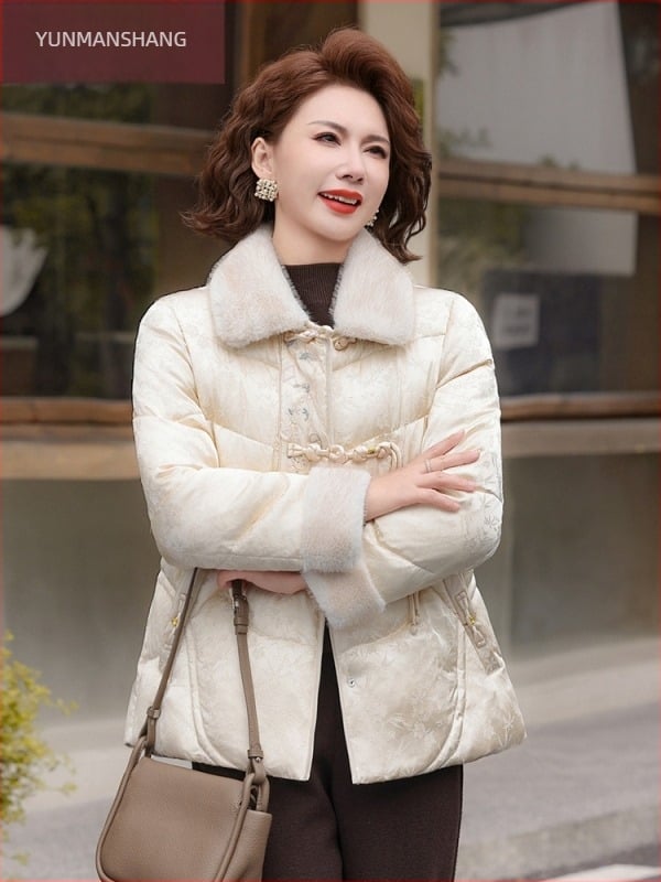 Palton de iarnă elegant pentru femei, umplutură poliester-pamă, imprimeu floral, guler din blană artificială, croială lejeră, potrivit pentru femei de vârsta mijlocie și în vârstă