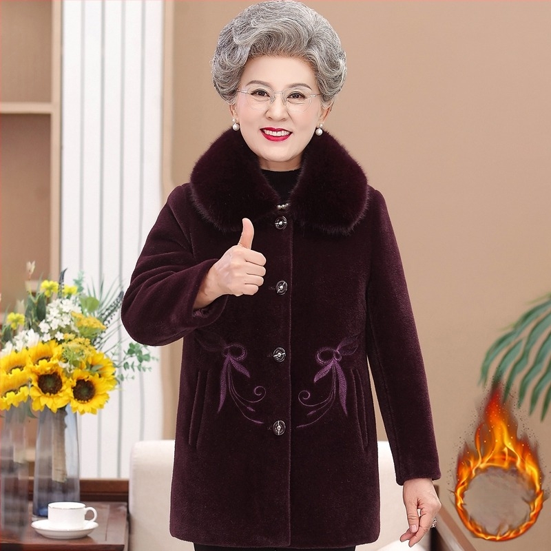 Palton de iarnă pentru femei în vârstă — căptușit gros, poliester Ice Silk (≥95%), nasturi pe o singură rând, model solid, lungime standard 50–65 cm