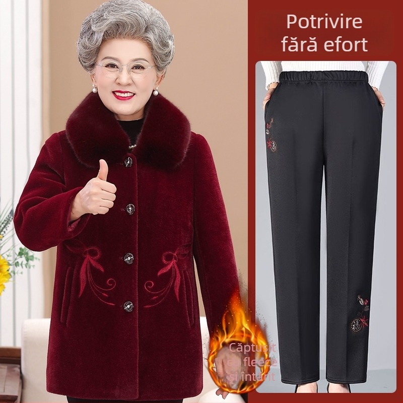 Palton de iarnă pentru femei în vârstă — căptușit gros, poliester Ice Silk (≥95%), nasturi pe o singură rând, model solid, lungime standard 50–65 cm