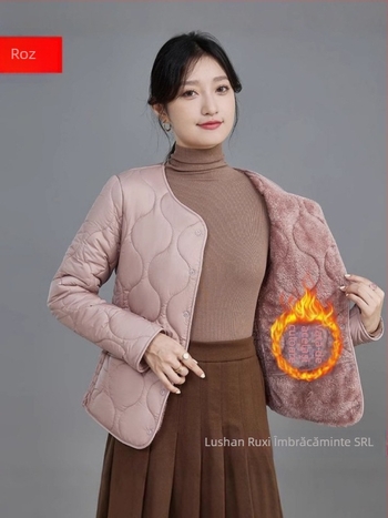 Palto damă cu umplutură poliester-bumbac, gros și cald, croială Slim-Fit, guler rotund, închidere cu nasturi pe un rând