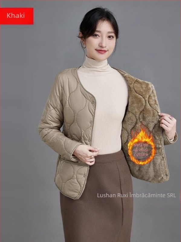 Palto damă cu umplutură poliester-bumbac, gros și cald, croială Slim-Fit, guler rotund, închidere cu nasturi pe un rând