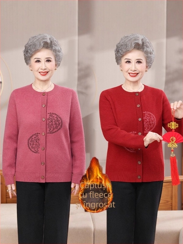 Cardigan tricotat cu căptușeală de fleece pentru femei în vârstă, toamnă-iarnă, 60–70 de ani, pulover gros și cald