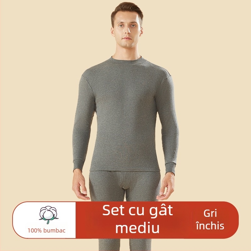 Set de lenjerie termică din bumbac 100% pentru bărbați, talie înaltă, țesătură de greutate medie, cald, anti-static, anti-piling, cu un singur strat
