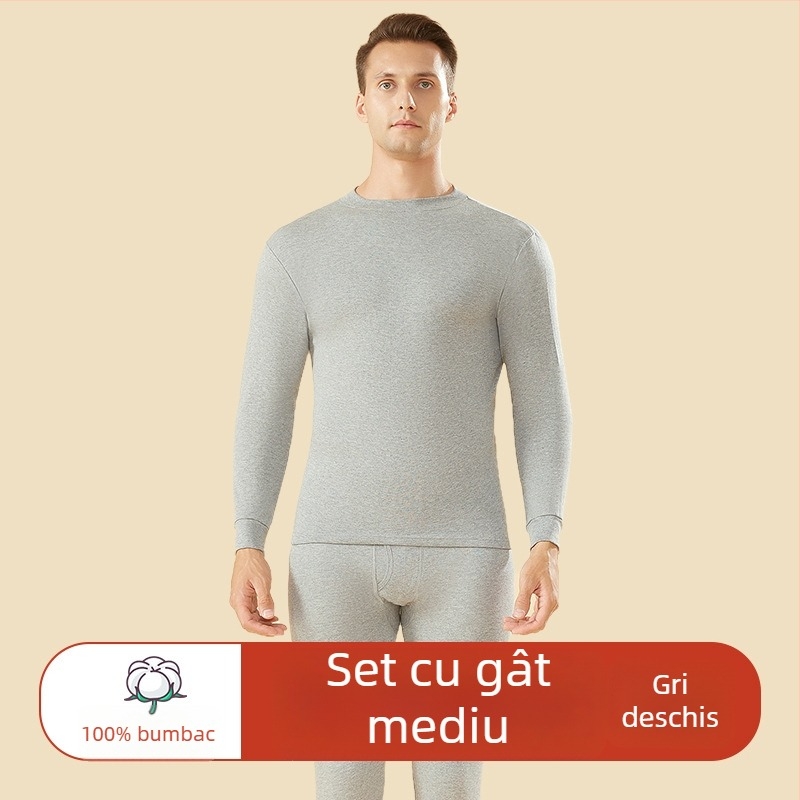 Set de lenjerie termică din bumbac 100% pentru bărbați, talie înaltă, țesătură de greutate medie, cald, anti-static, anti-piling, cu un singur strat