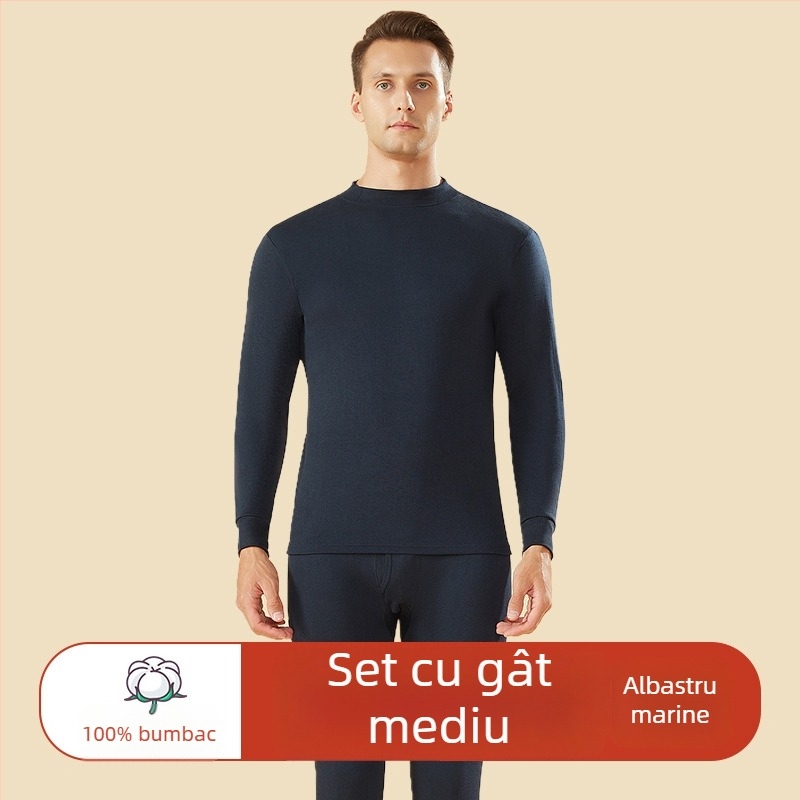 Set de lenjerie termică din bumbac 100% pentru bărbați, talie înaltă, țesătură de greutate medie, cald, anti-static, anti-piling, cu un singur strat