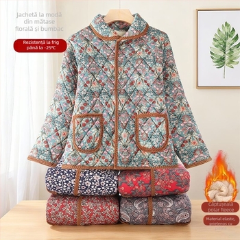 Jachetă cu umplutură din bumbac pentru femei mature, stil toamnă–iarnă, lungime medie, guler polo; țesătură TR, material principal PVC 90–95%, umplutură din bumbac-silicat (polimer) 30–50%