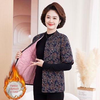 Jachetă de iarnă din bumbac cu căptușeală fleece, umplere din imitație de mătase-bumbac, decolteu în V, mâneci de lungime medie, lungime normală, model floral