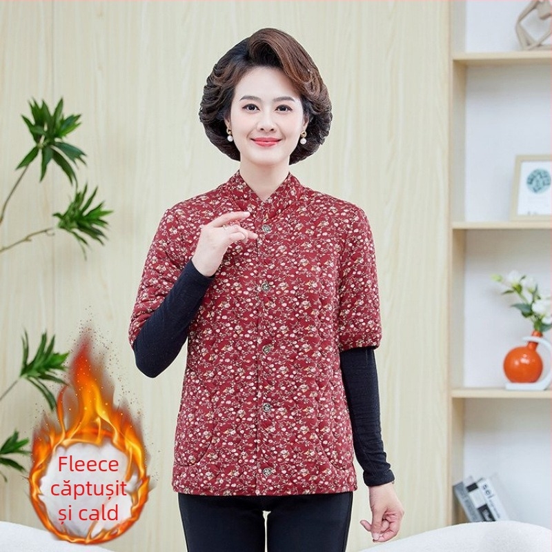 Jachetă de iarnă din bumbac cu căptușeală fleece, umplere din imitație de mătase-bumbac, decolteu în V, mâneci de lungime medie, lungime normală, model floral