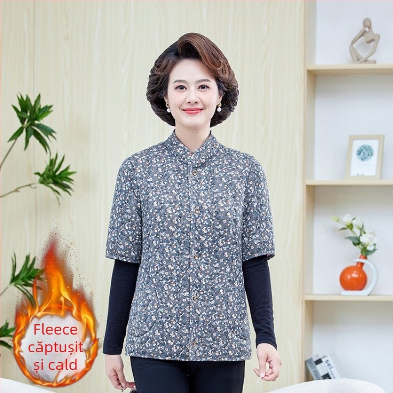 Jachetă de iarnă din bumbac cu căptușeală fleece, umplere din imitație de mătase-bumbac, decolteu în V, mâneci de lungime medie, lungime normală, model floral