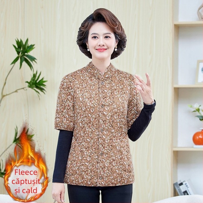 Jachetă de iarnă din bumbac cu căptușeală fleece, umplere din imitație de mătase-bumbac, decolteu în V, mâneci de lungime medie, lungime normală, model floral