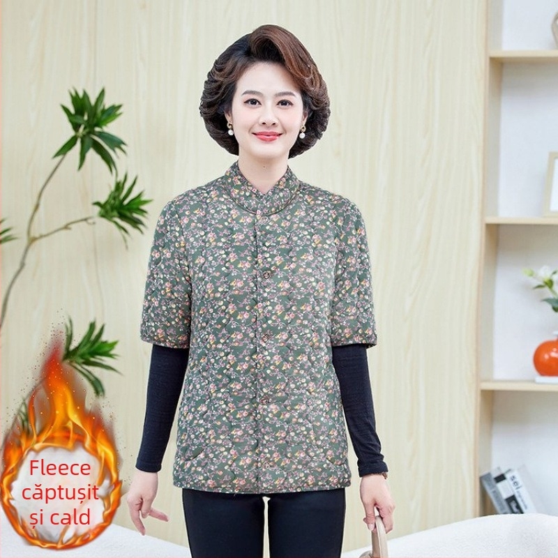 Jachetă de iarnă din bumbac cu căptușeală fleece, umplere din imitație de mătase-bumbac, decolteu în V, mâneci de lungime medie, lungime normală, model floral