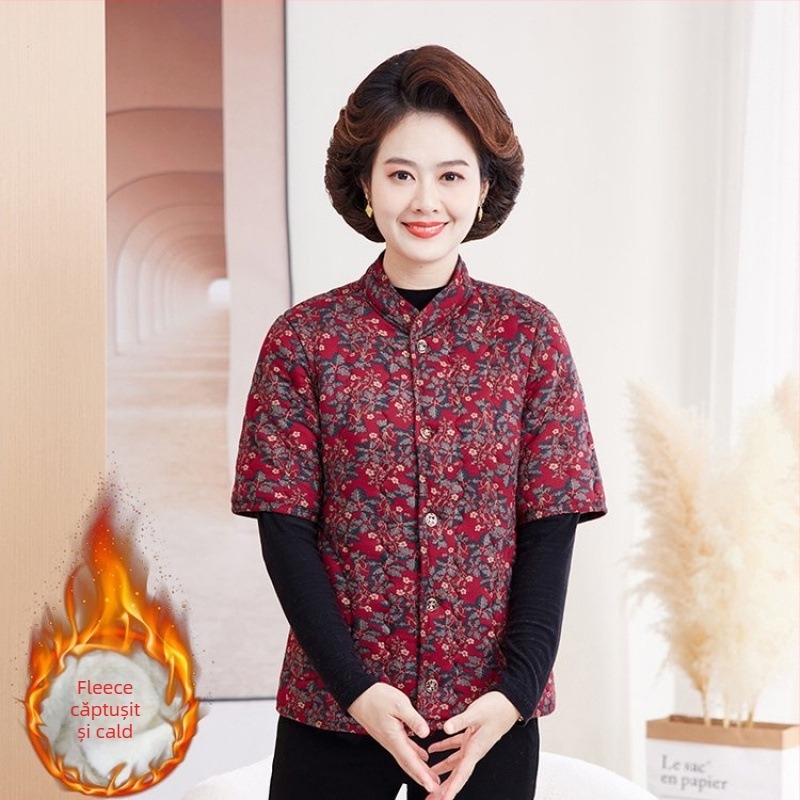 Jachetă de iarnă din bumbac cu căptușeală fleece, umplere din imitație de mătase-bumbac, decolteu în V, mâneci de lungime medie, lungime normală, model floral