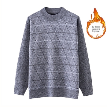 Pulover tricotat pentru bărbați, căptușit cu fleece, croială lejeră, guler semiînalt, model jacquard, amestec de lână 30%