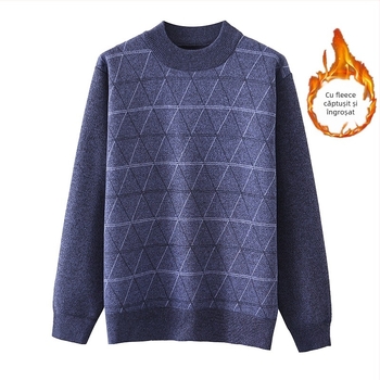 Pulover tricotat pentru bărbați, căptușit cu fleece, croială lejeră, guler semiînalt, model jacquard, amestec de lână 30%