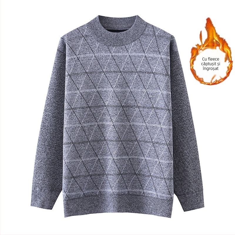 Pulover tricotat pentru bărbați, căptușit cu fleece, croială lejeră, guler semiînalt, model jacquard, amestec de lână 30%