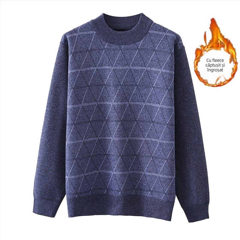 Pulover tricotat pentru bărbați, căptușit cu fleece, croială lejeră, guler semiînalt, model jacquard, amestec de lână 30%