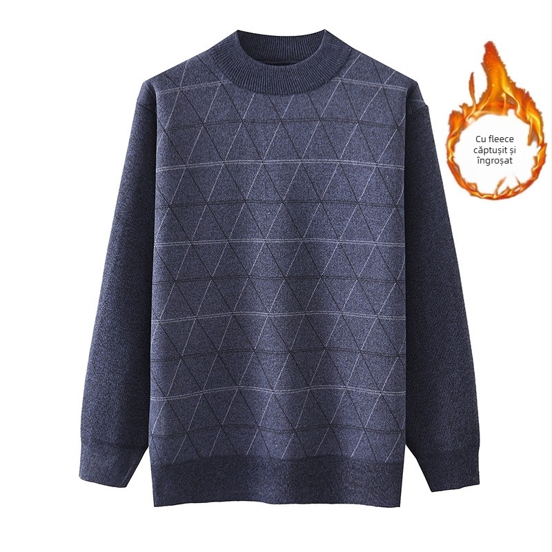Pulover tricotat pentru bărbați, căptușit cu fleece, croială lejeră, guler semiînalt, model jacquard, amestec de lână 30%