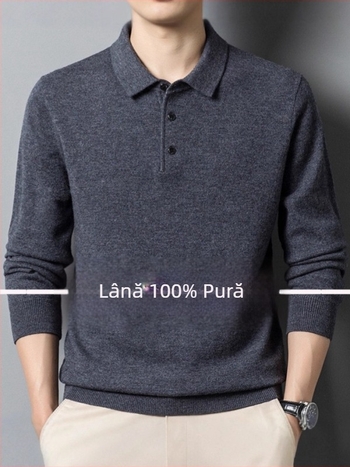 Pulover bărbătesc din lână 100%, grosime mare, guler rever, mâneci lungi, croială strânsă, tiv rib, iarnă