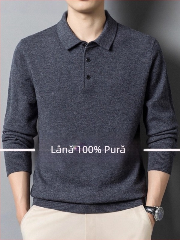 Pulover bărbătesc din lână 100%, grosime mare, guler rever, mâneci lungi, croială strânsă, tiv rib, iarnă