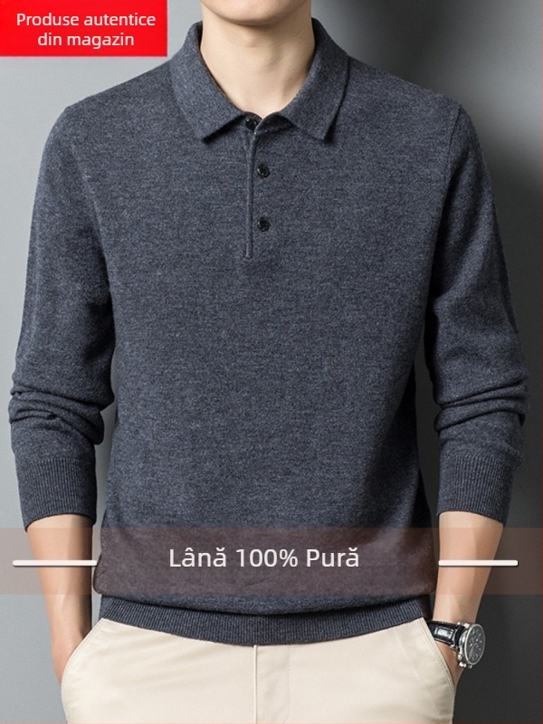 Pulover bărbătesc din lână 100%, grosime mare, guler rever, mâneci lungi, croială strânsă, tiv rib, iarnă