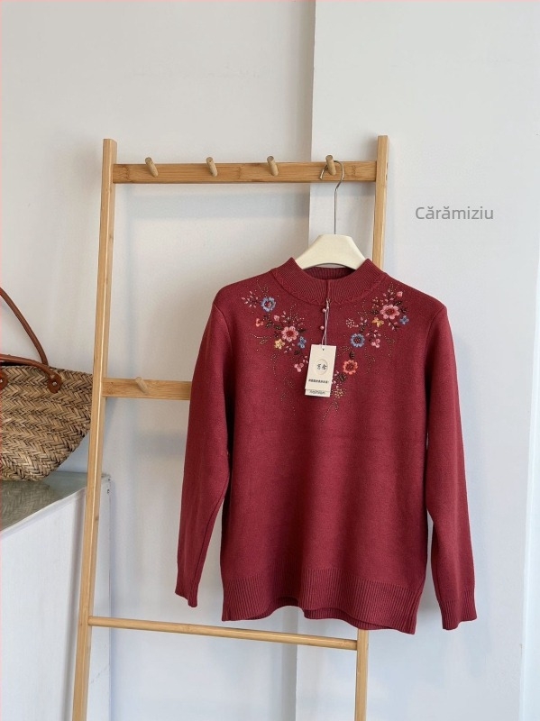 Top tricotat pentru femei cu broderie, model floral, guler semi-turtleneck, mâneci lungi, materiale poliester-elastan