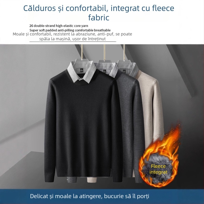 Pulover tricotat pentru bărbați, cu guler rever, căptușit velur, gros pentru iarnă, mânecă lungă