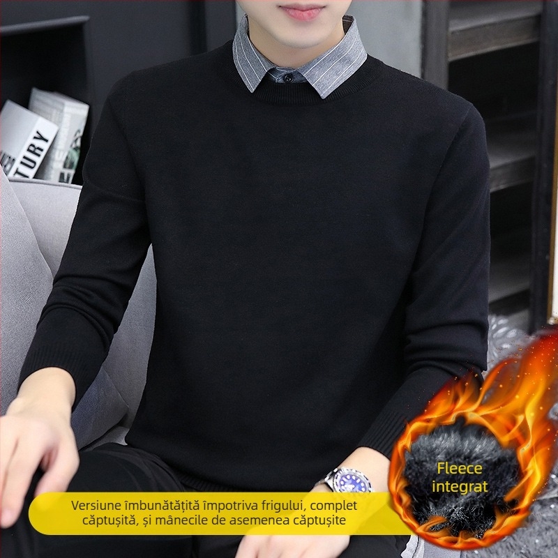 Pulover tricotat pentru bărbați, cu guler rever, căptușit velur, gros pentru iarnă, mânecă lungă