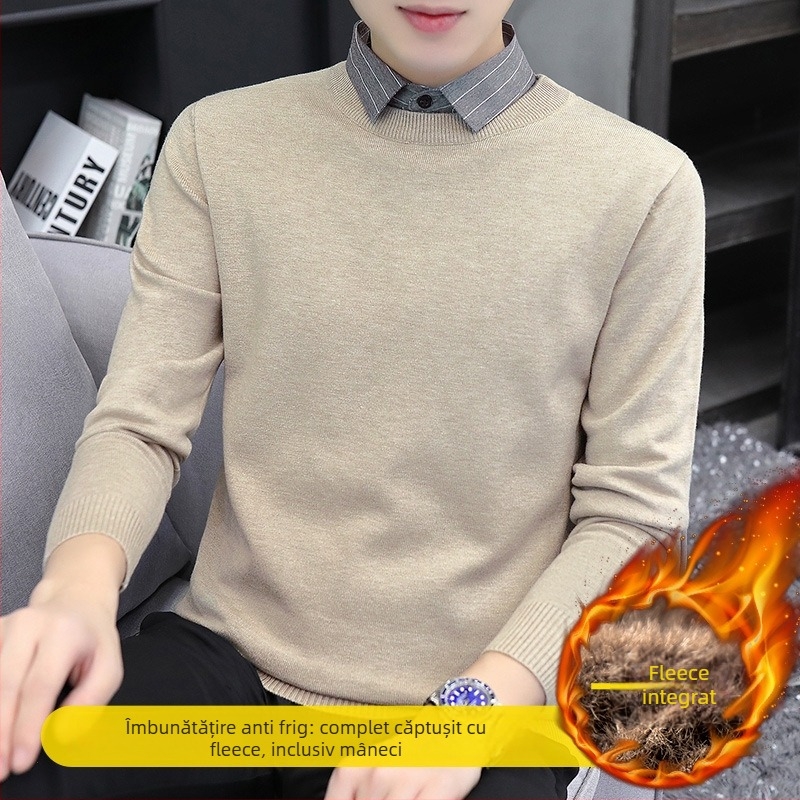Pulover tricotat pentru bărbați, cu guler rever, căptușit velur, gros pentru iarnă, mânecă lungă