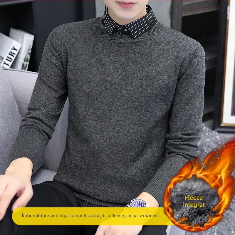 Pulover tricotat pentru bărbați, cu guler rever, căptușit velur, gros pentru iarnă, mânecă lungă