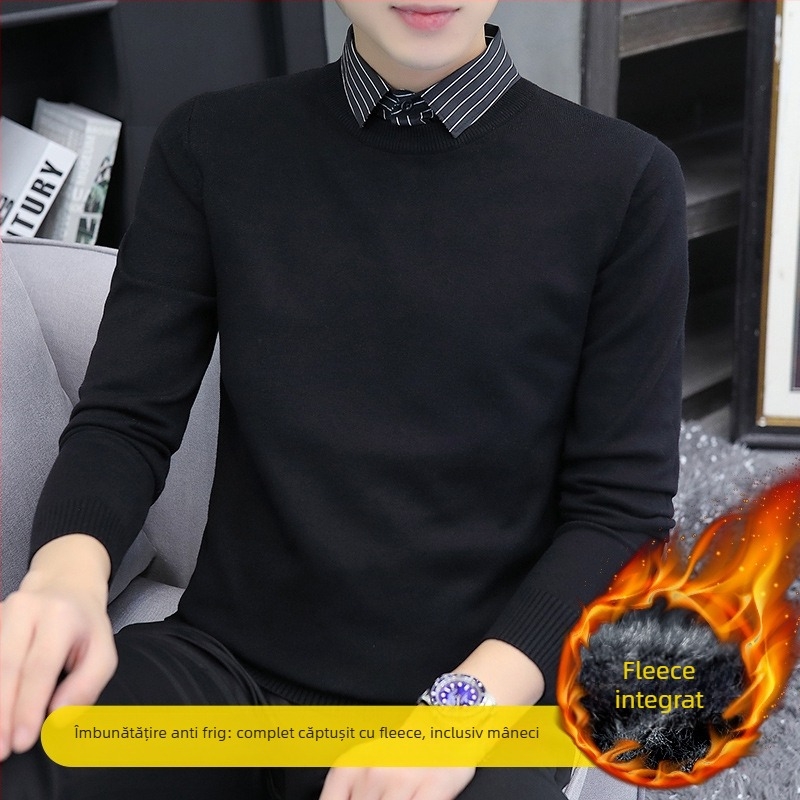 Pulover tricotat pentru bărbați, cu guler rever, căptușit velur, gros pentru iarnă, mânecă lungă
